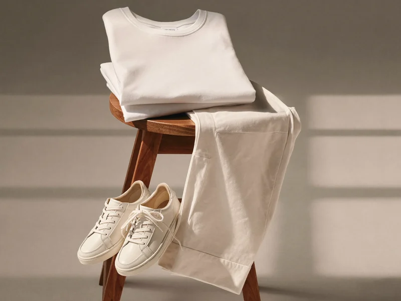 Overalls og t-shirt foldet sammen på skammel ved små sneakers