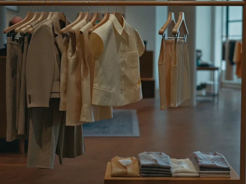 Træstang med små tøjstykker og hylde med foldet tøj i butik